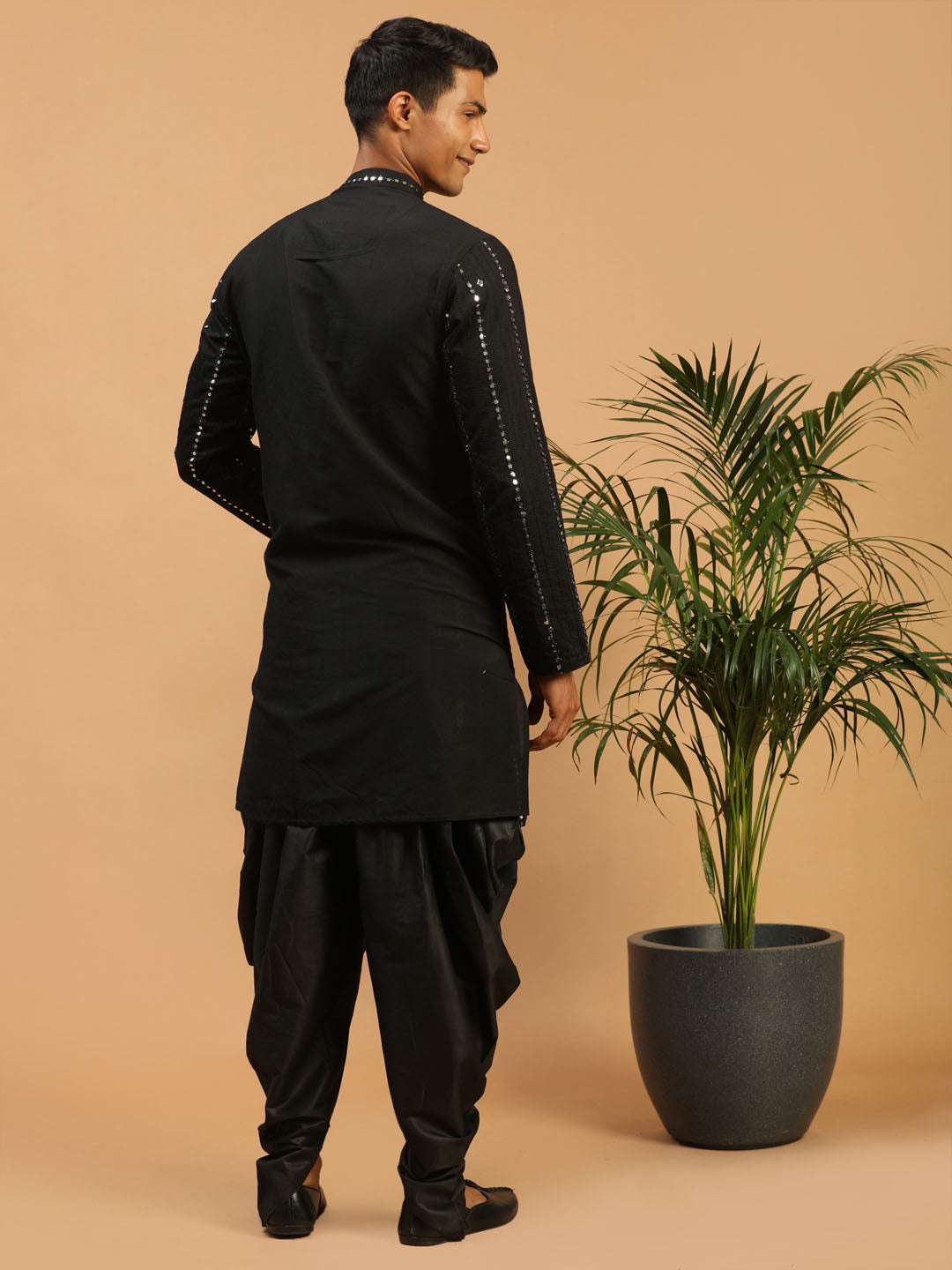 Men's Black Viscose Straight Kurta and Dhoti Set