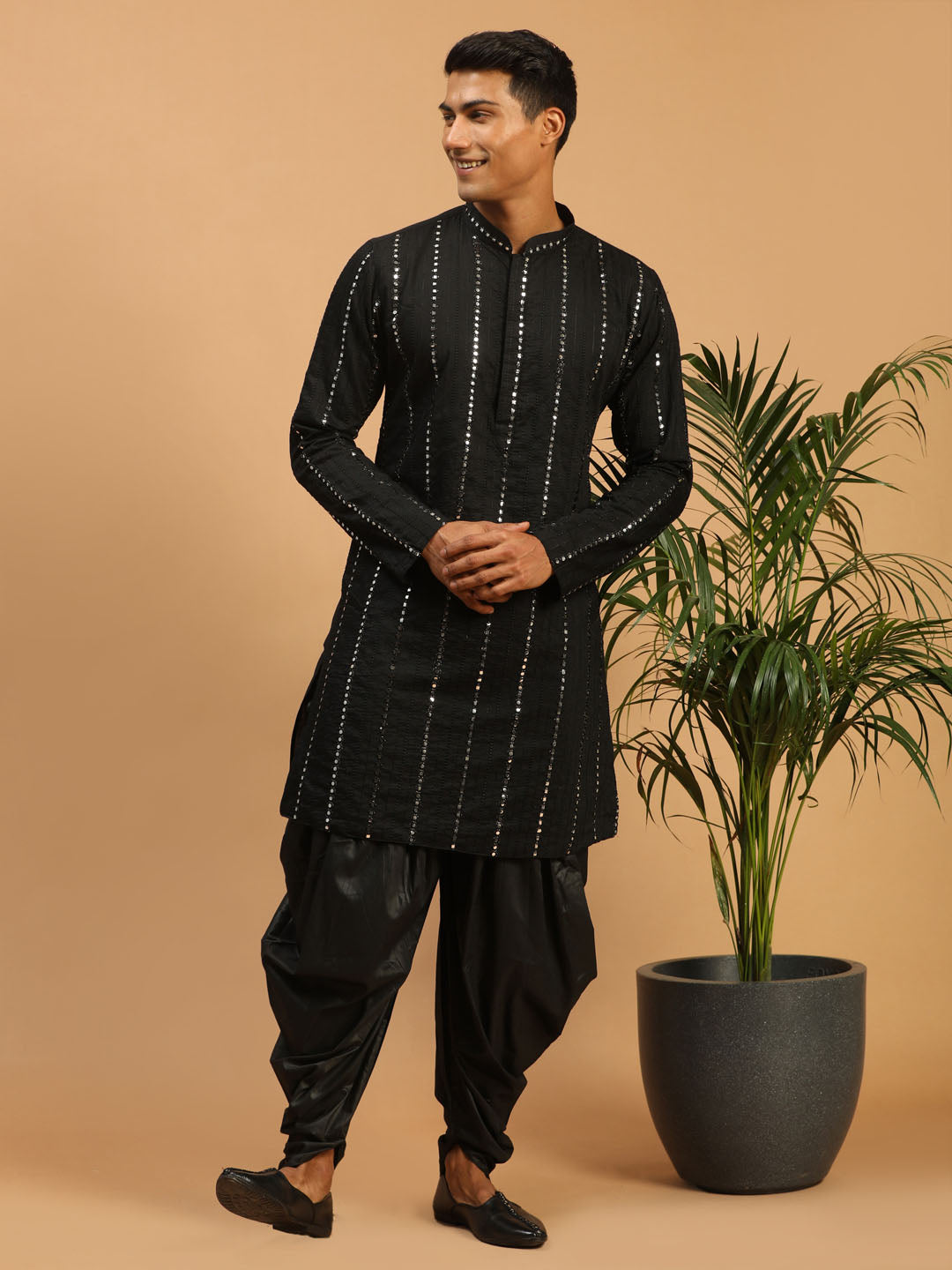 Men's Black Viscose Straight Kurta and Dhoti Set