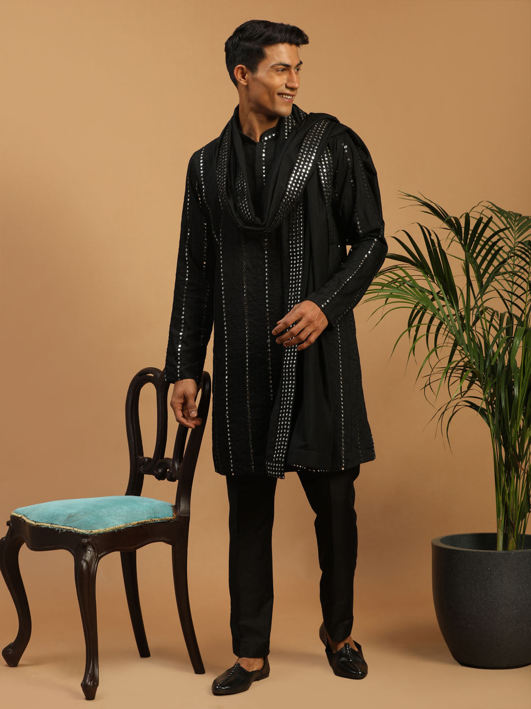 Men's Black Viscose Straight Kurta Pyjama & Dupatta Set