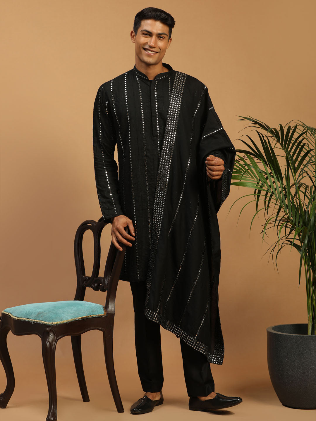 Men's Black Viscose Straight Kurta Pyjama & Dupatta Set