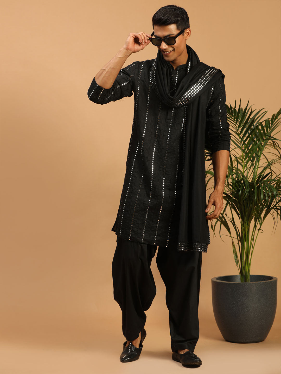 Men's Black Viscose Straight Kurta and Patiala Set