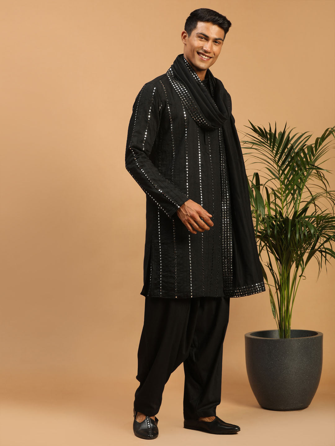 Men's Black Viscose Straight Kurta and Patiala Set