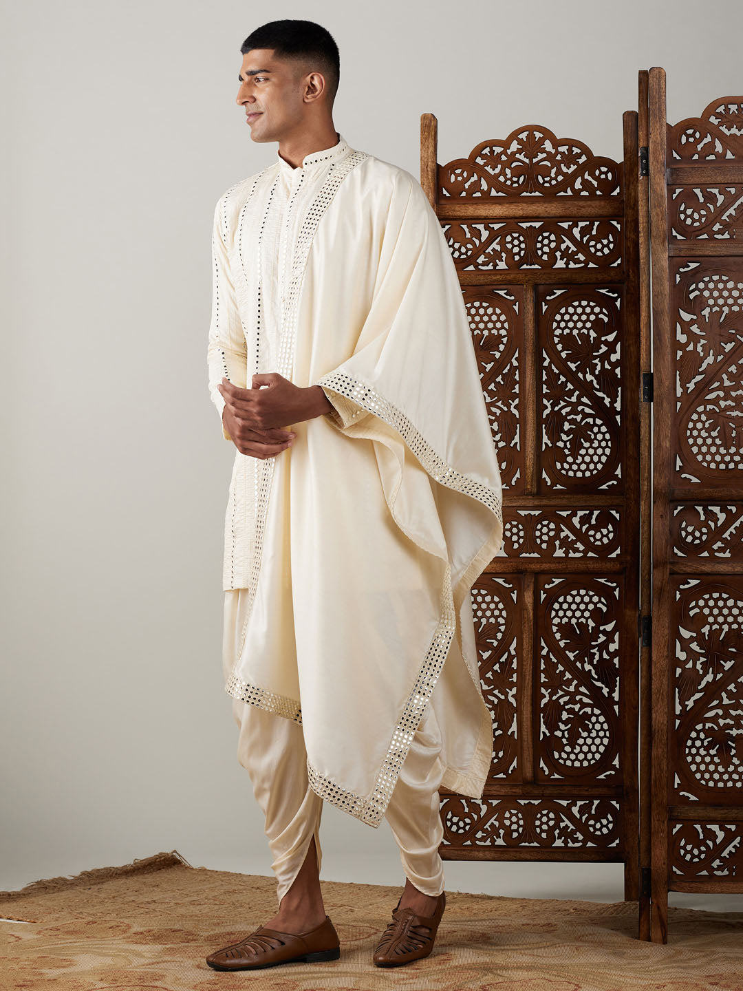 Men's Cream Viscose Straight Kurta and Dhoti Set
