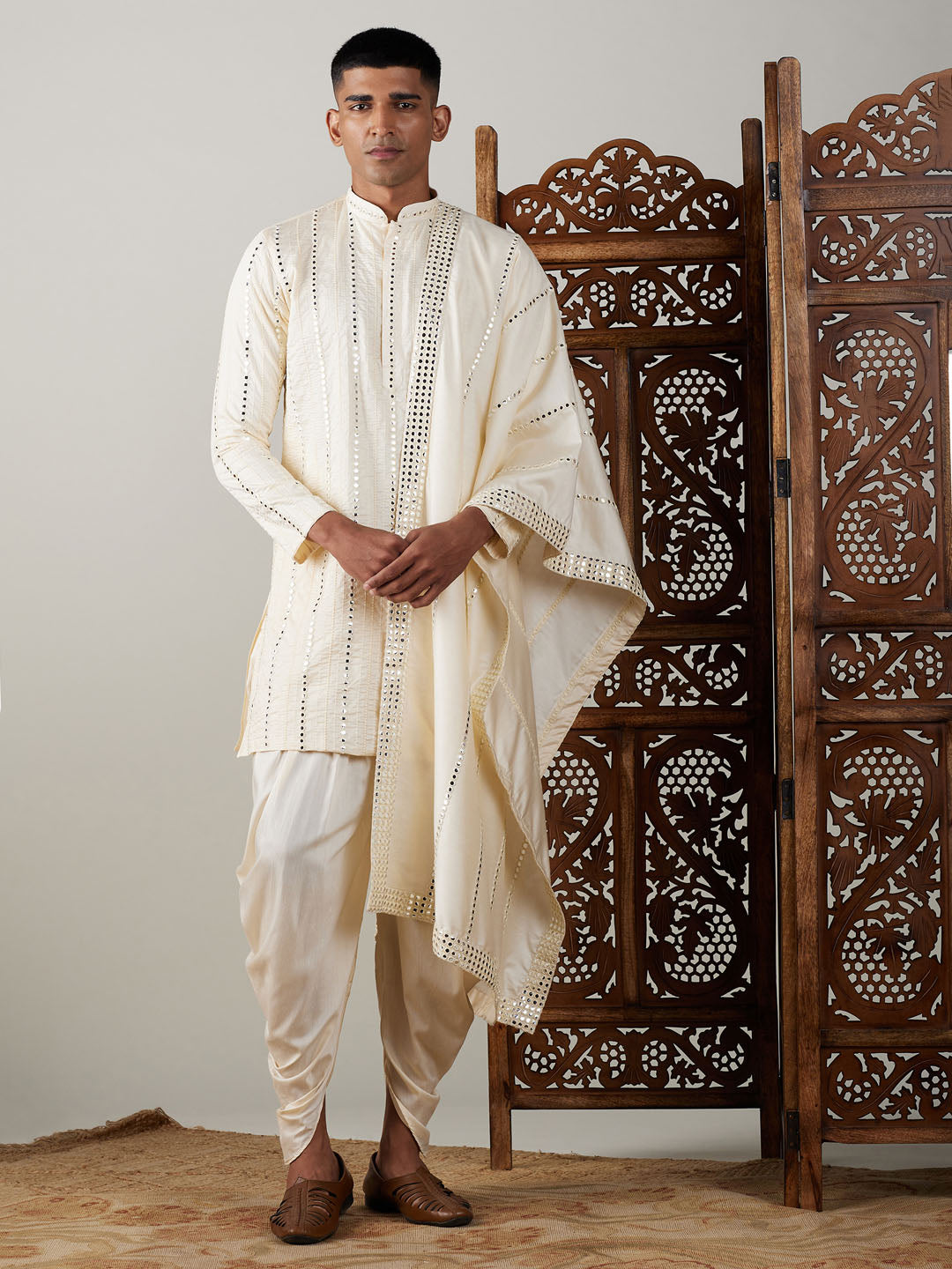 Men's Cream Viscose Straight Kurta and Dhoti Set