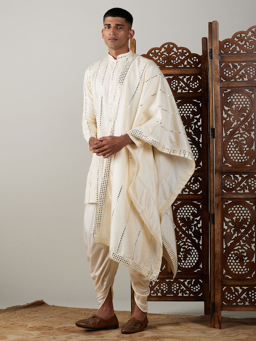 Men's Cream Viscose Straight Kurta and Dhoti Set