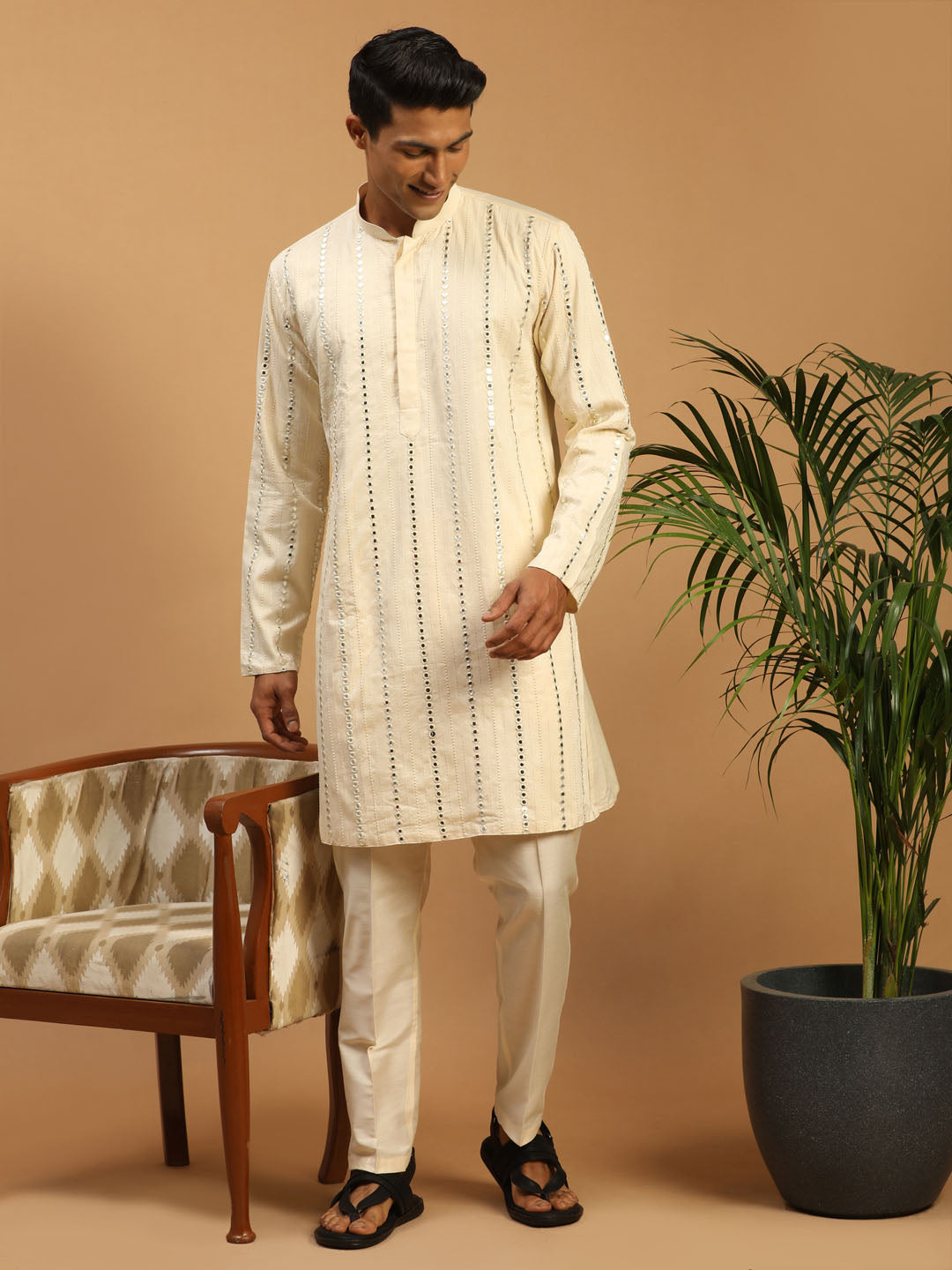 Men's Cream Viscose Straight Kurta Pyjama Set