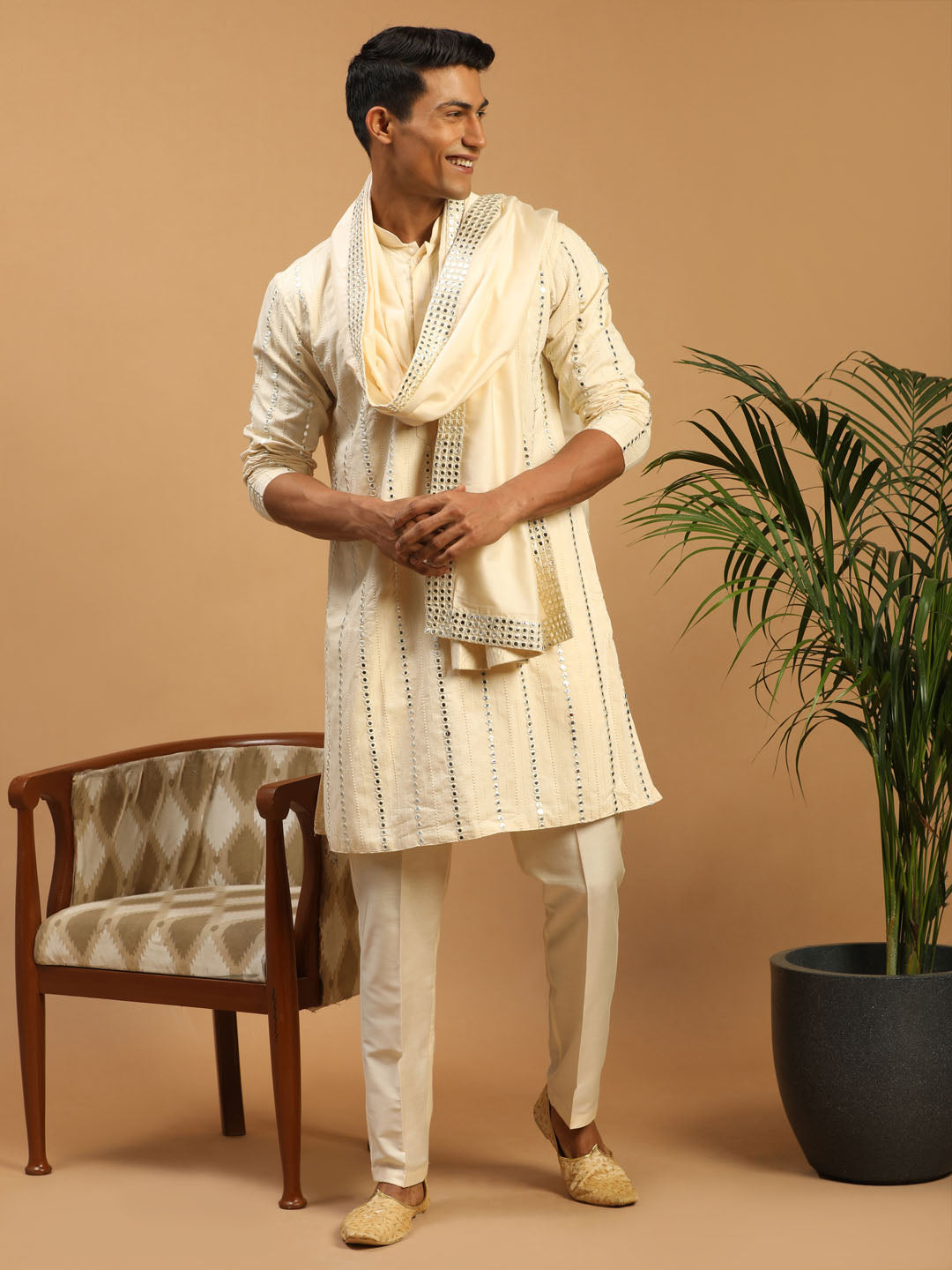 Men's Cream Viscose Straight Kurta Pyjama & Dupatta Set