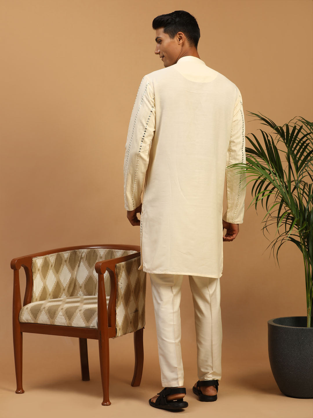 Men's Cream Viscose Straight Kurta Pyjama & Dupatta Set