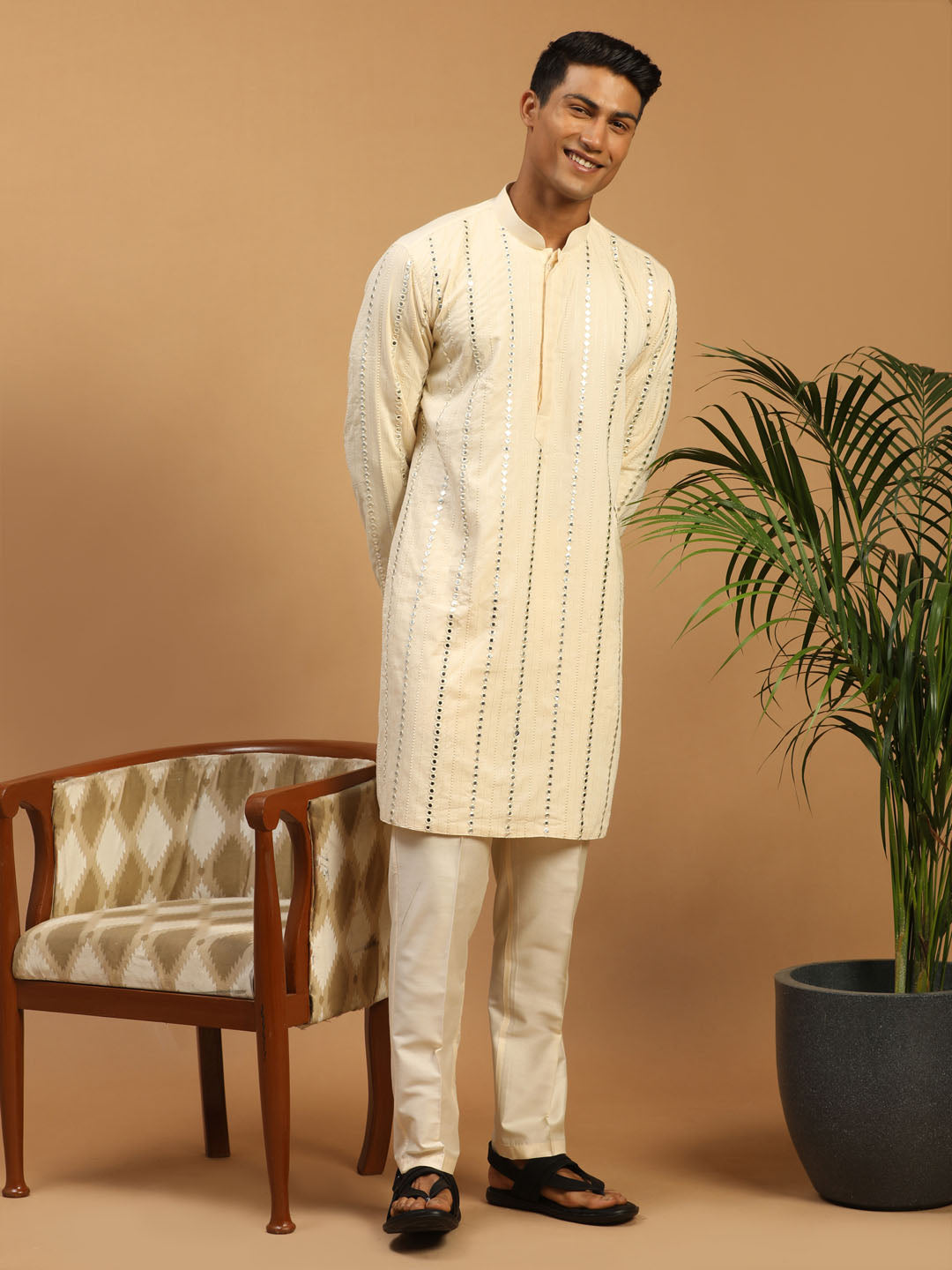 Men's Cream Viscose Straight Kurta Pyjama & Dupatta Set