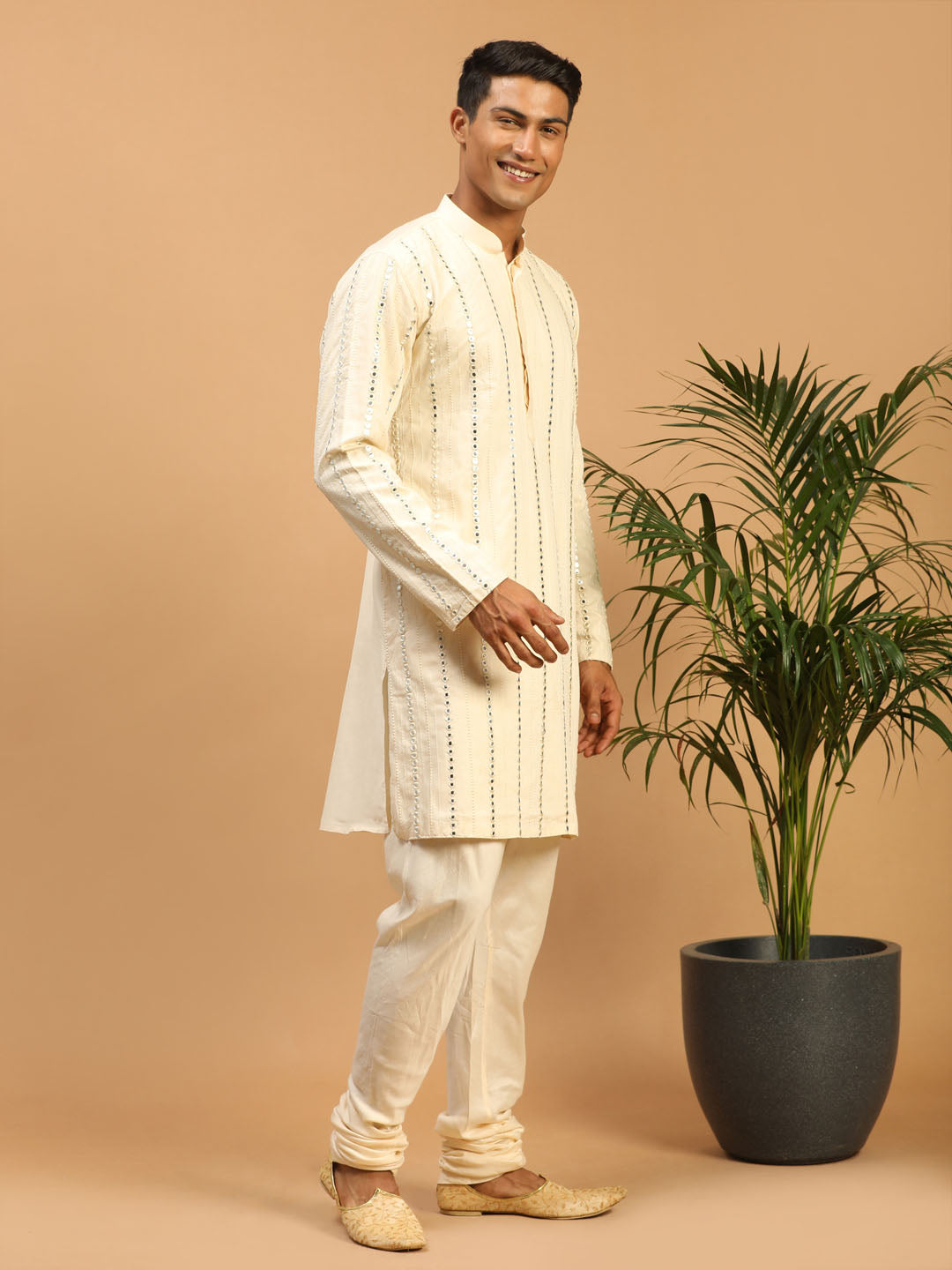 Men's Cream Viscose Straight Kurta Pyjama Set