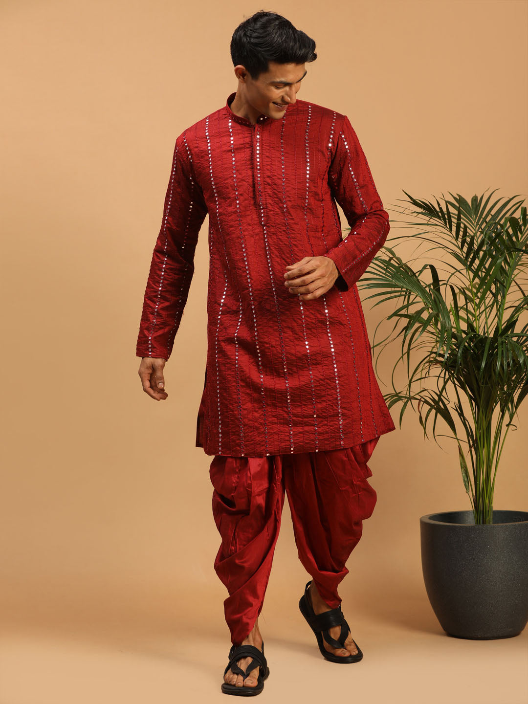 Men's Maroon Viscose Straight Kurta and Dhoti Set