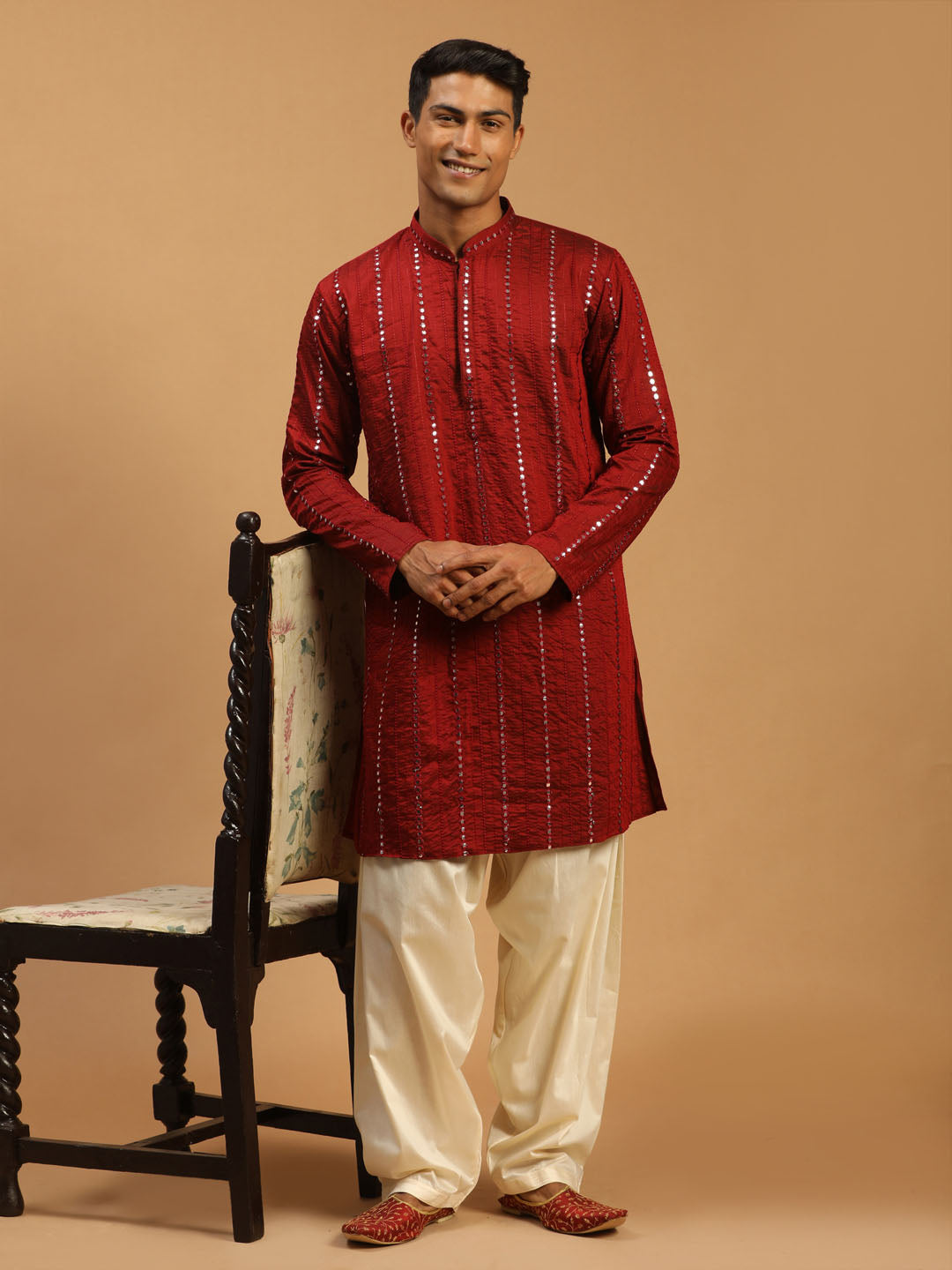 Men's Maroon Viscose Straight Kurta and Patiala Set