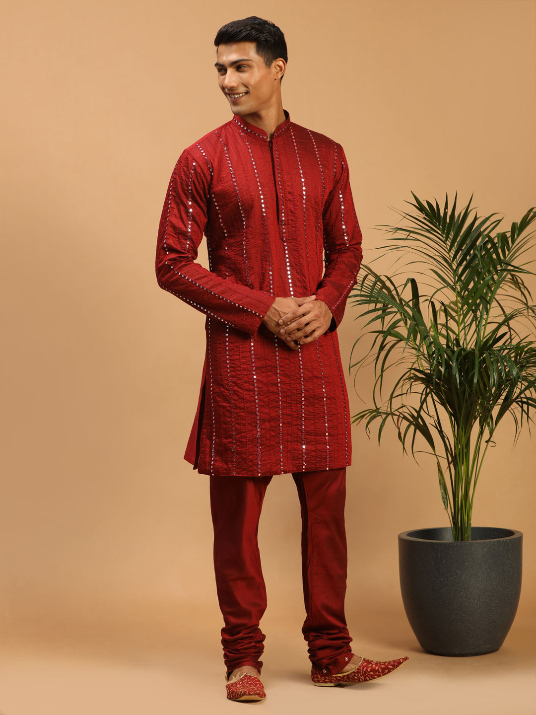 Men's Maroon Viscose Straight Kurta Pyjama Set