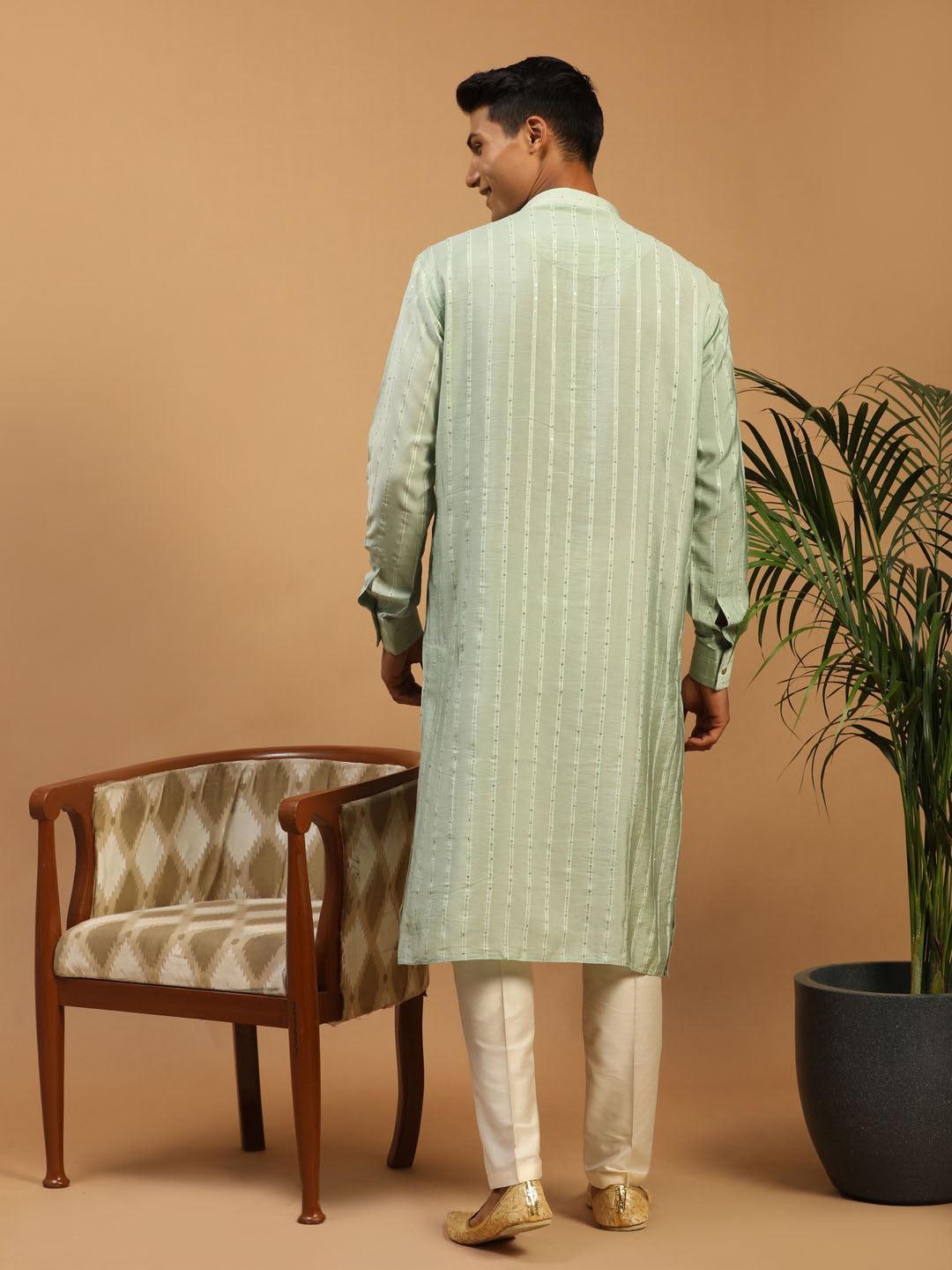 Men's Green Cotton Blend Straight Kurta Pyjama & Dupatta Set