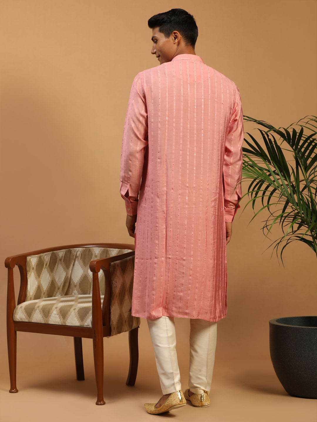 Men's Pink Cotton Blend Straight Kurta Pyjama & Dupatta Set