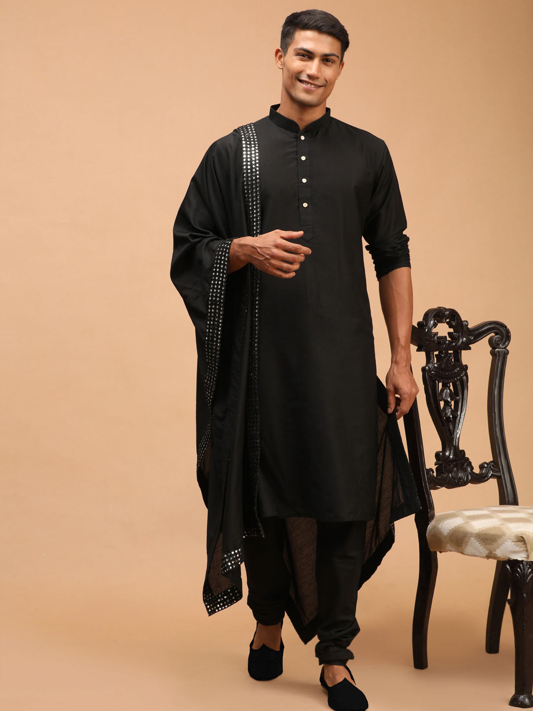 Men's Black Viscose Straight Kurta Pyjama & Dupatta Set