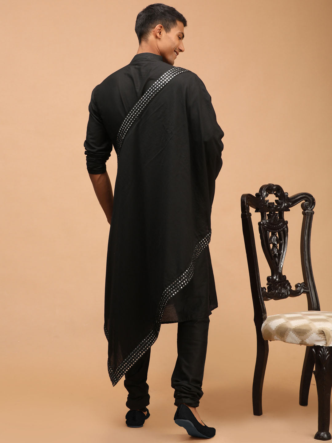 Men's Black Viscose Straight Kurta Pyjama & Dupatta Set