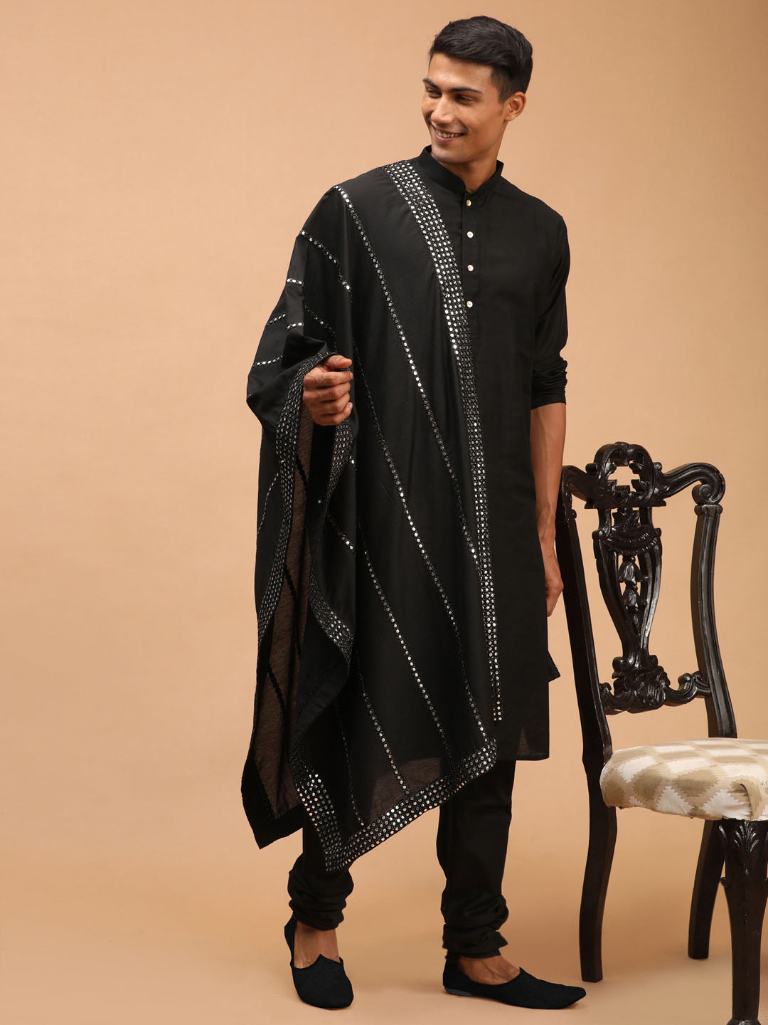 Men's Black Viscose Straight Kurta Pyjama & Dupatta Set