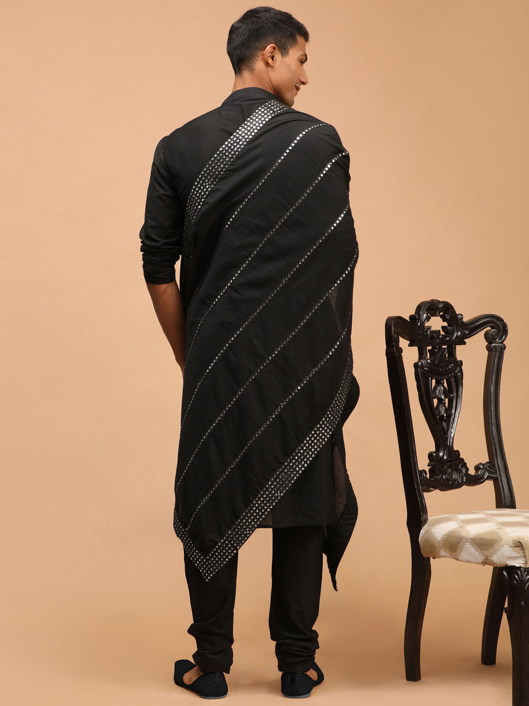 Men's Black Viscose Straight Kurta Pyjama & Dupatta Set