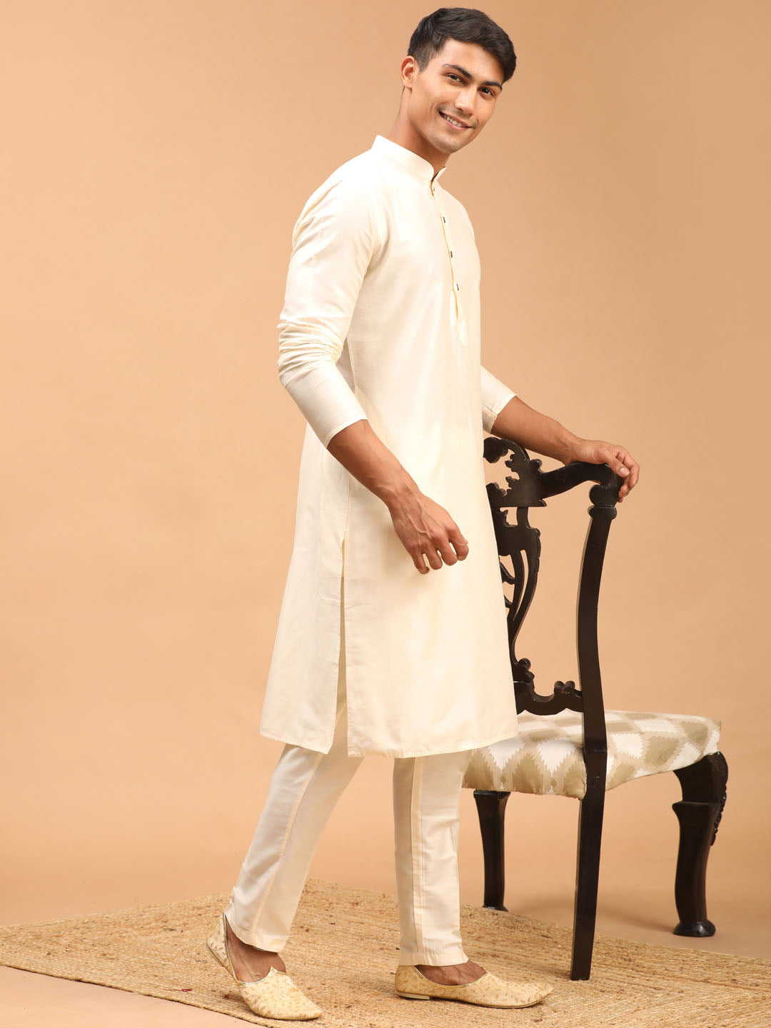 Men's Cream Viscose Straight Kurta Pyjama Set