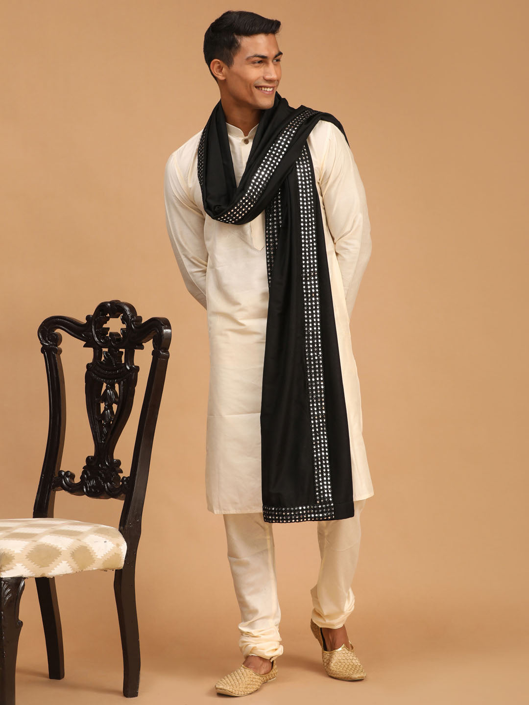 Men's Cream Viscose Straight Kurta Pyjama & Dupatta Set