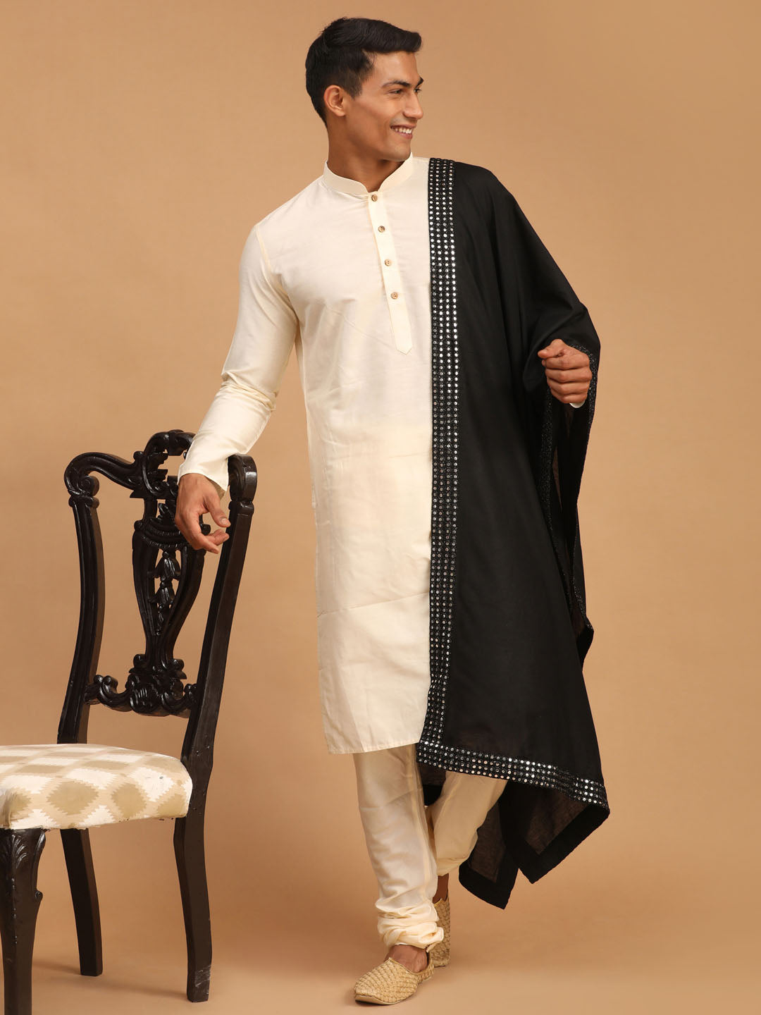Men's Cream Viscose Straight Kurta Pyjama & Dupatta Set