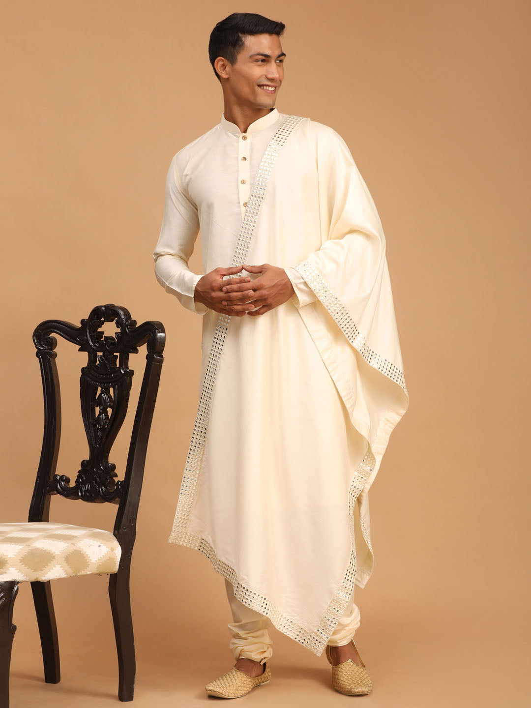 Men's Cream Viscose Straight Kurta Pyjama & Dupatta Set