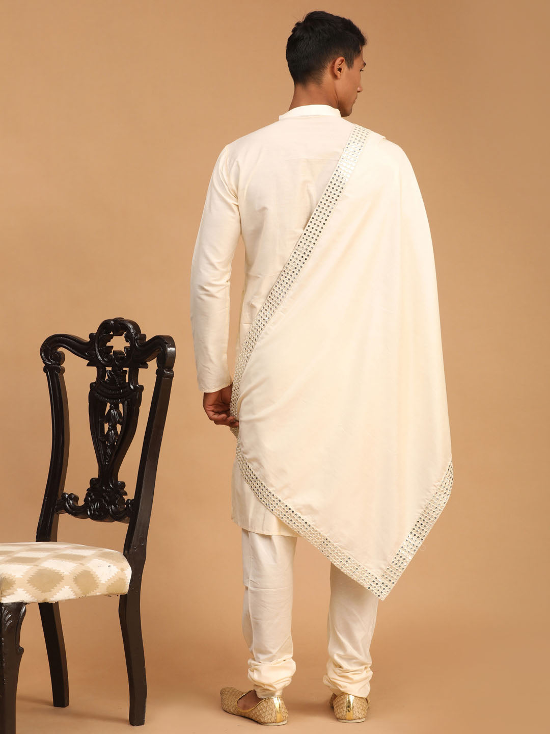 Men's Cream Viscose Straight Kurta Pyjama & Dupatta Set