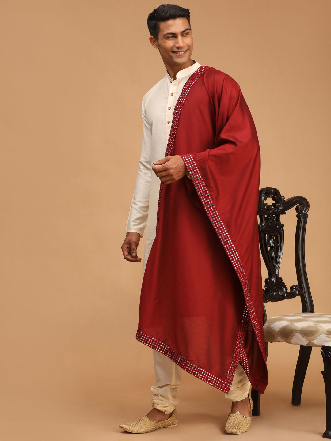 Men's Cream Viscose Straight Kurta Pyjama & Dupatta Set