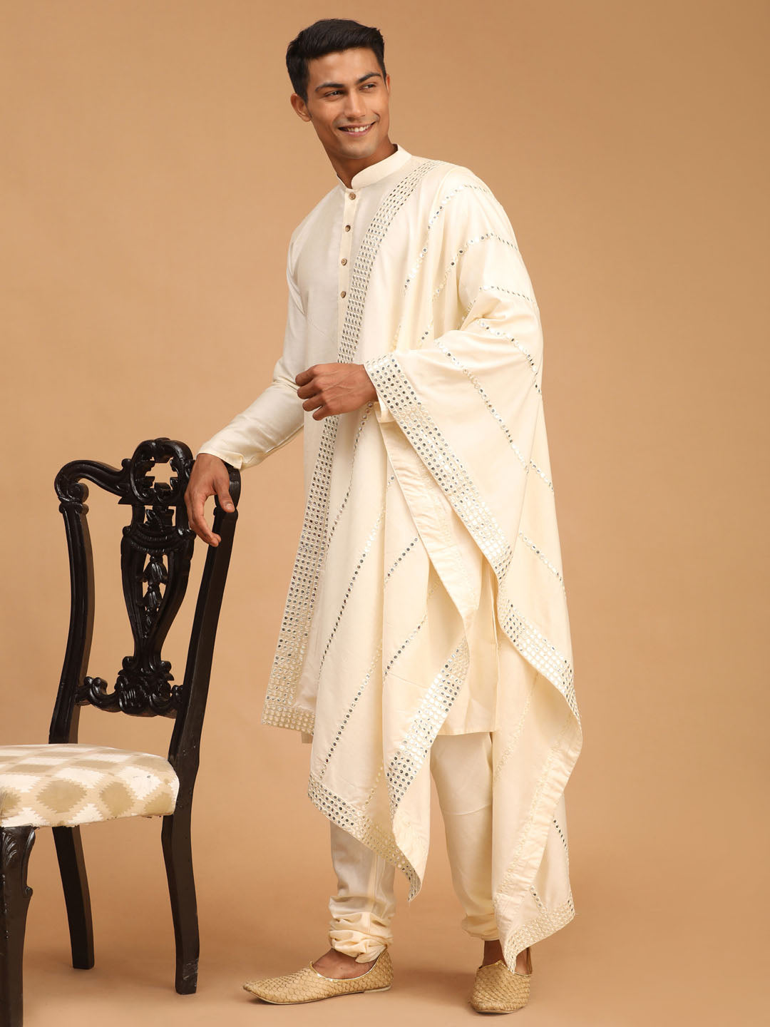 Men's Cream Viscose Straight Kurta Pyjama & Dupatta Set