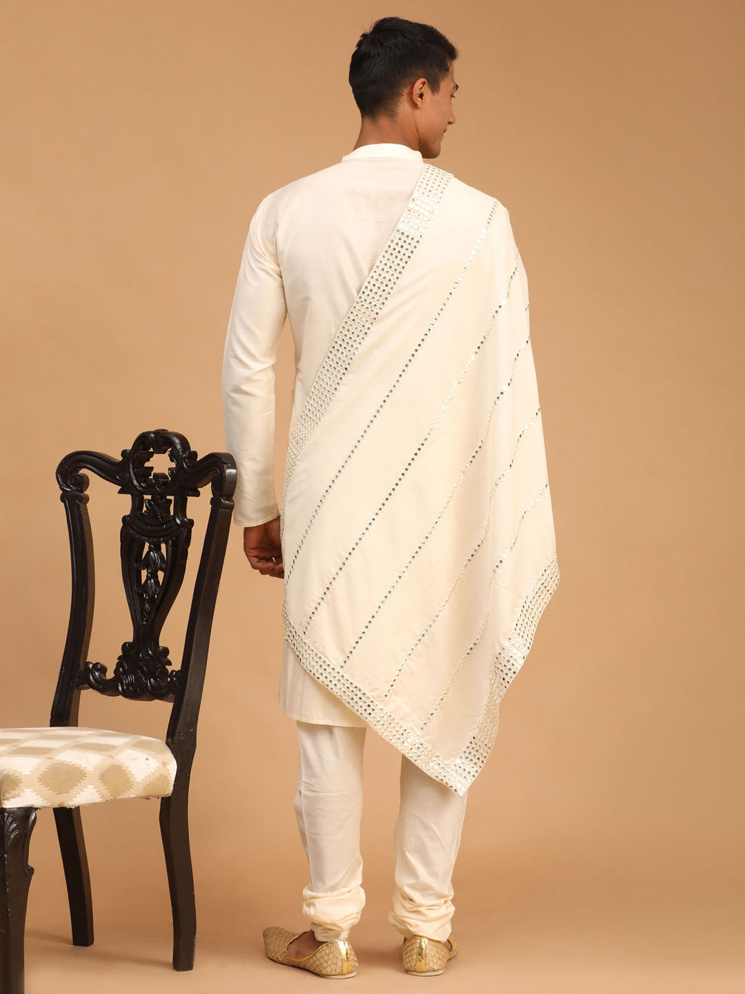 Men's Cream Viscose Straight Kurta Pyjama & Dupatta Set
