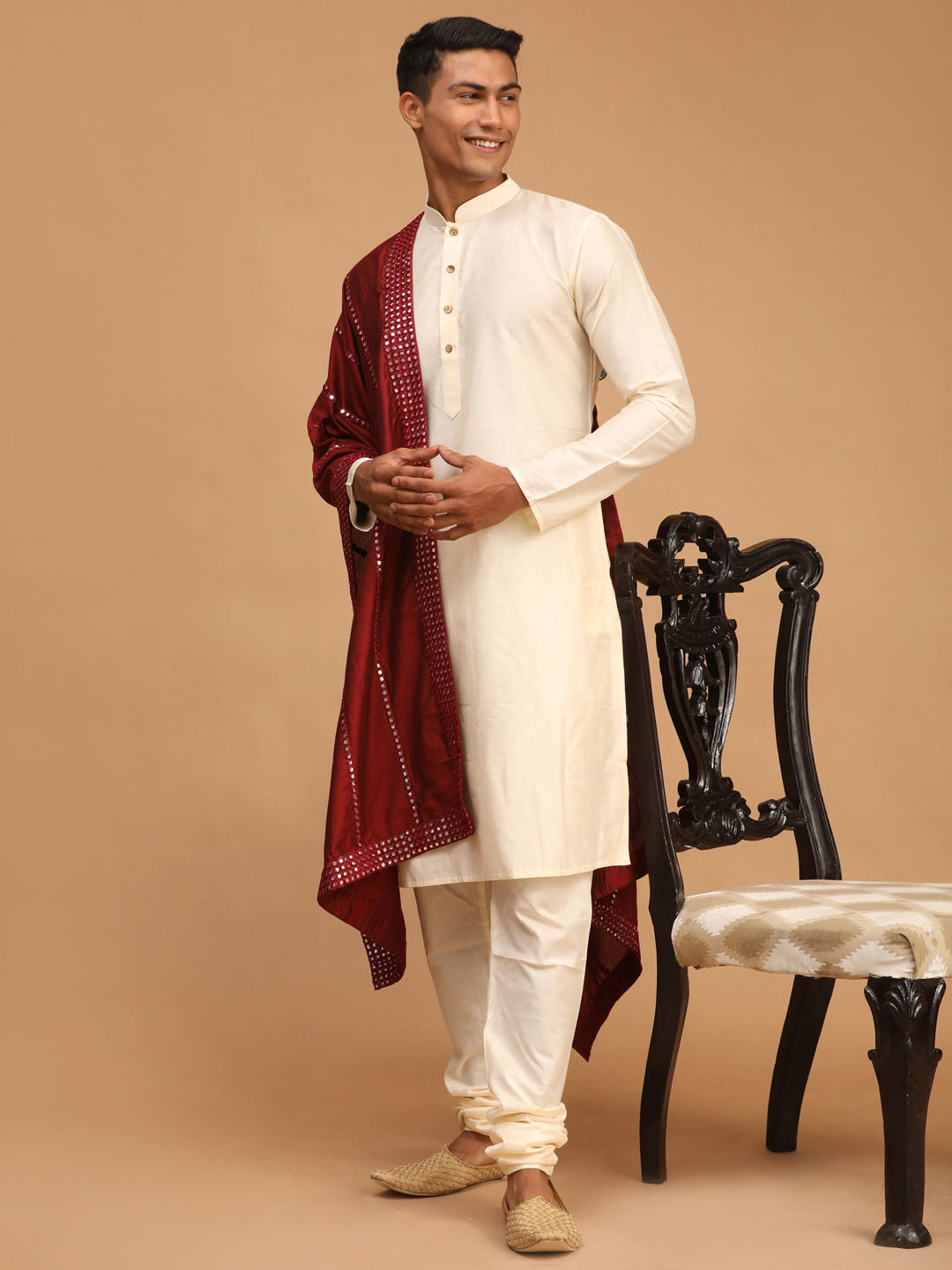 Men's Cream Viscose Straight Kurta Pyjama & Dupatta Set