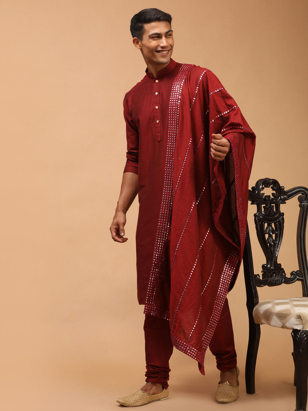 Men's Maroon Viscose Straight Kurta Pyjama & Dupatta Set