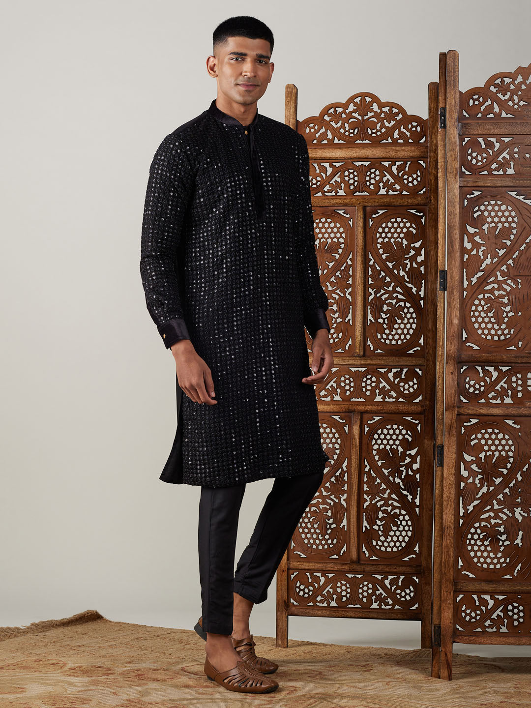 Men's Black Georgette Regular Kurta Pyjama Set