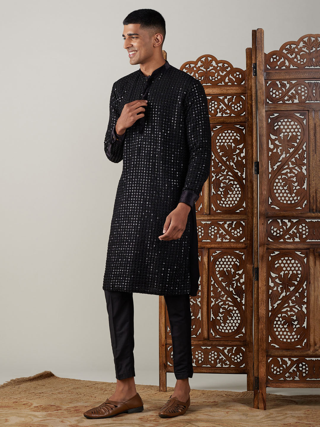 Men's Black Georgette Regular Kurta Pyjama Set
