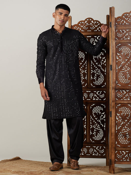 Men's Black Georgette Regular Kurta and Patiala Set