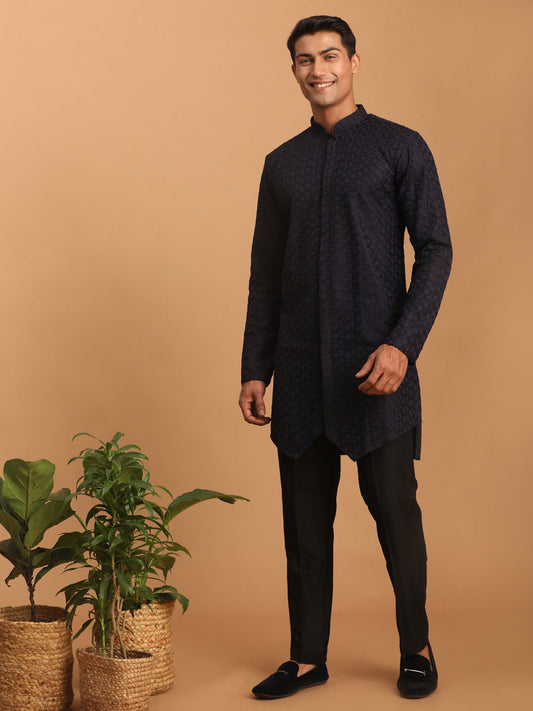 Men's Navy Blue Silk Blend Regular Kurta Pyjama Set