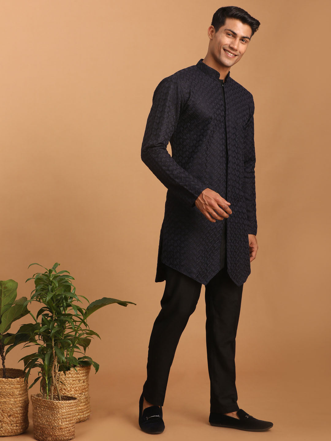 Men's Navy Blue Silk Blend Regular Kurta Pyjama Set
