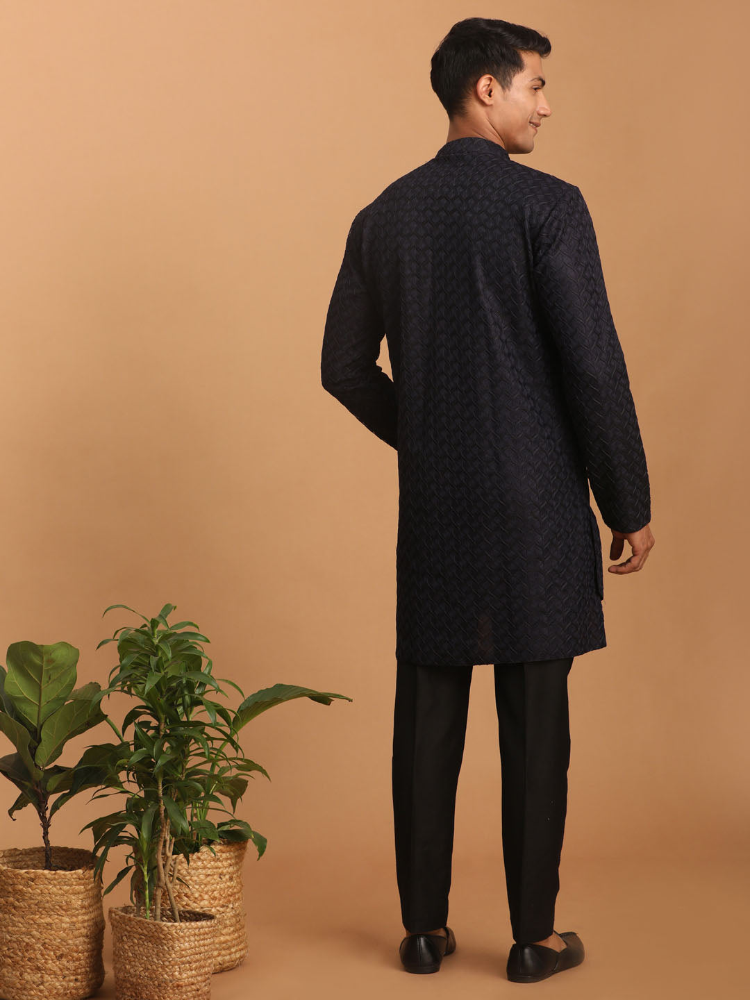 Men's Navy Blue Silk Blend Regular Kurta Pyjama Set