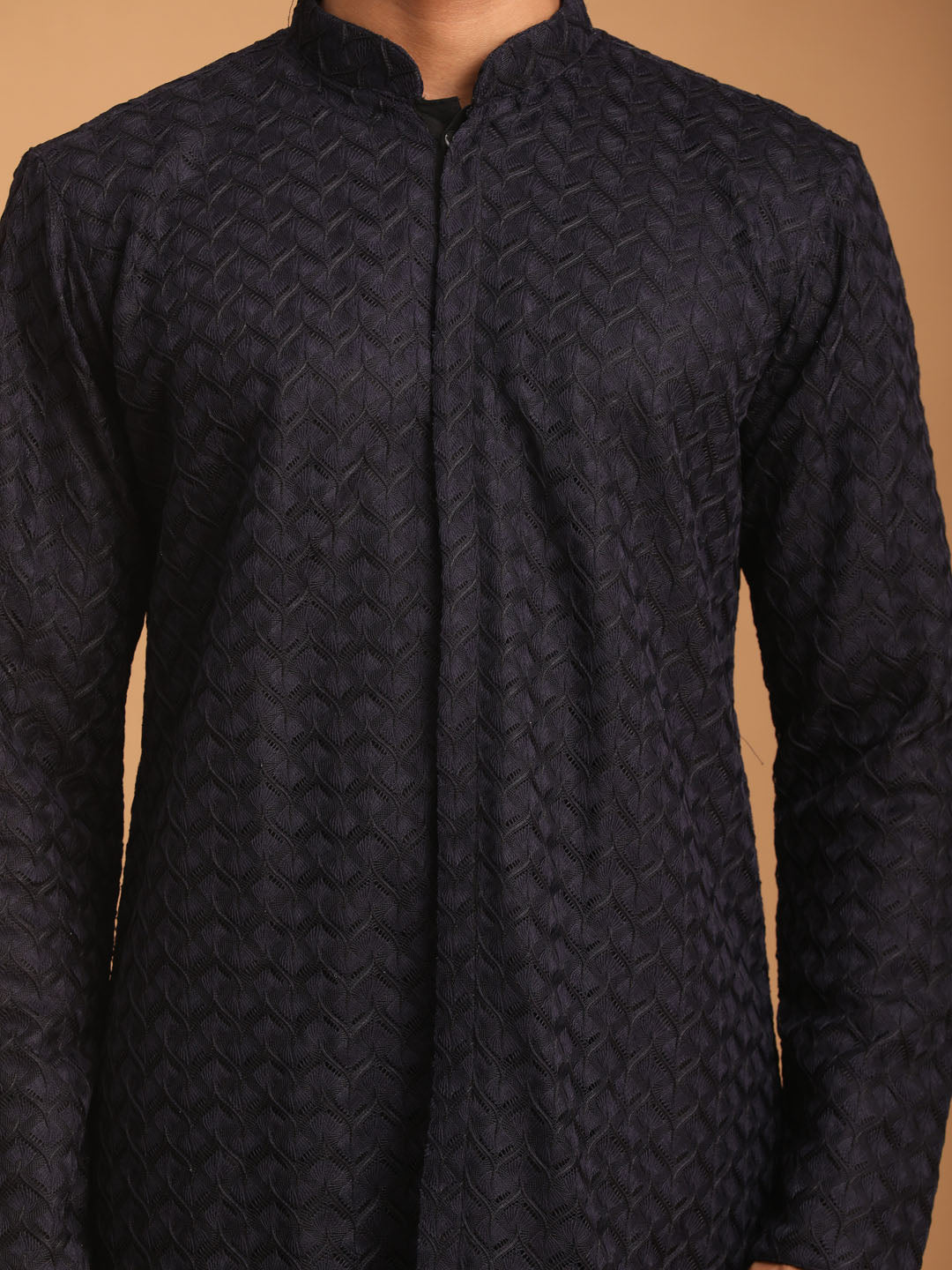 Men's Navy Blue Silk Blend Regular Kurta Pyjama Set