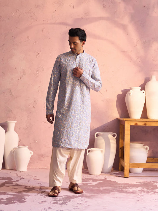 Men's Pastel Blue Georgette Straight Kurta and Patiala Set