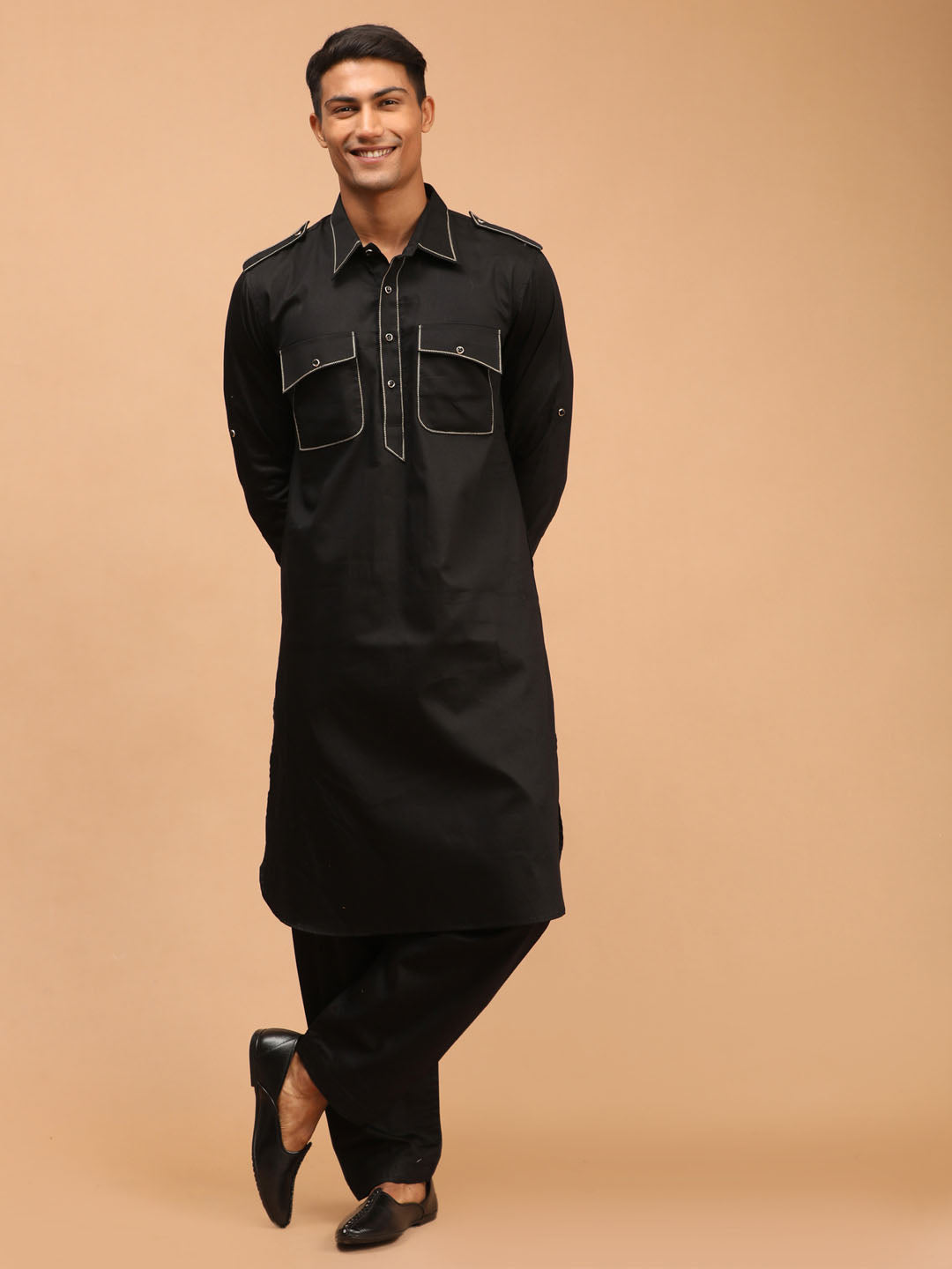 Men's Black Cotton Blend Pathani Pathani Kurta Set
