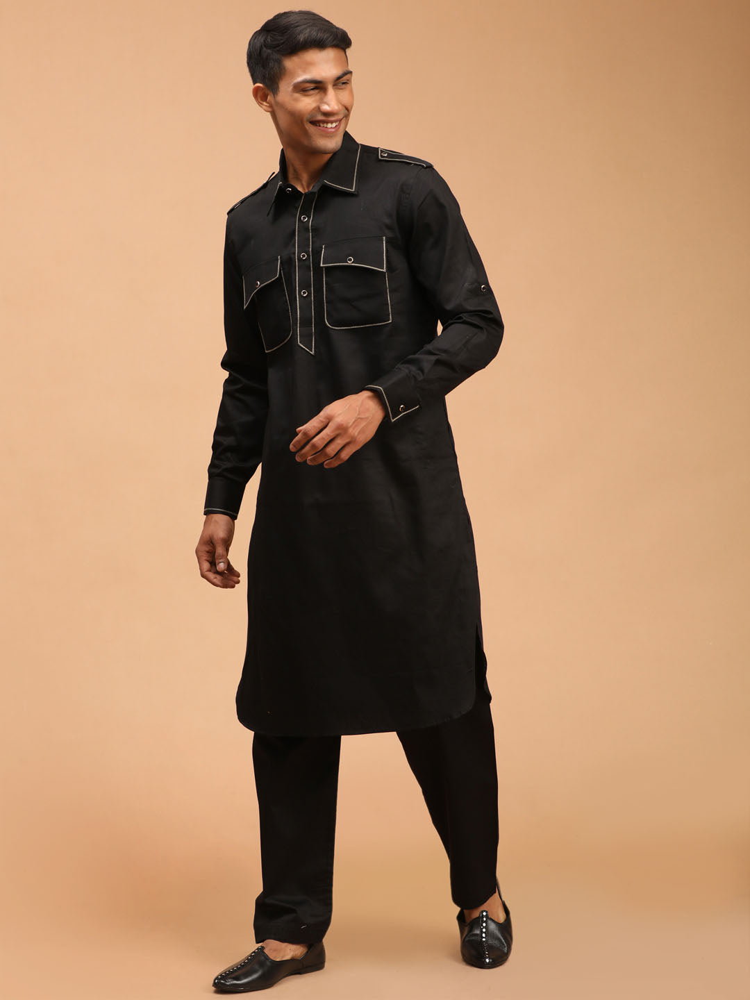 Men's Black Cotton Blend Pathani Pathani Kurta Set