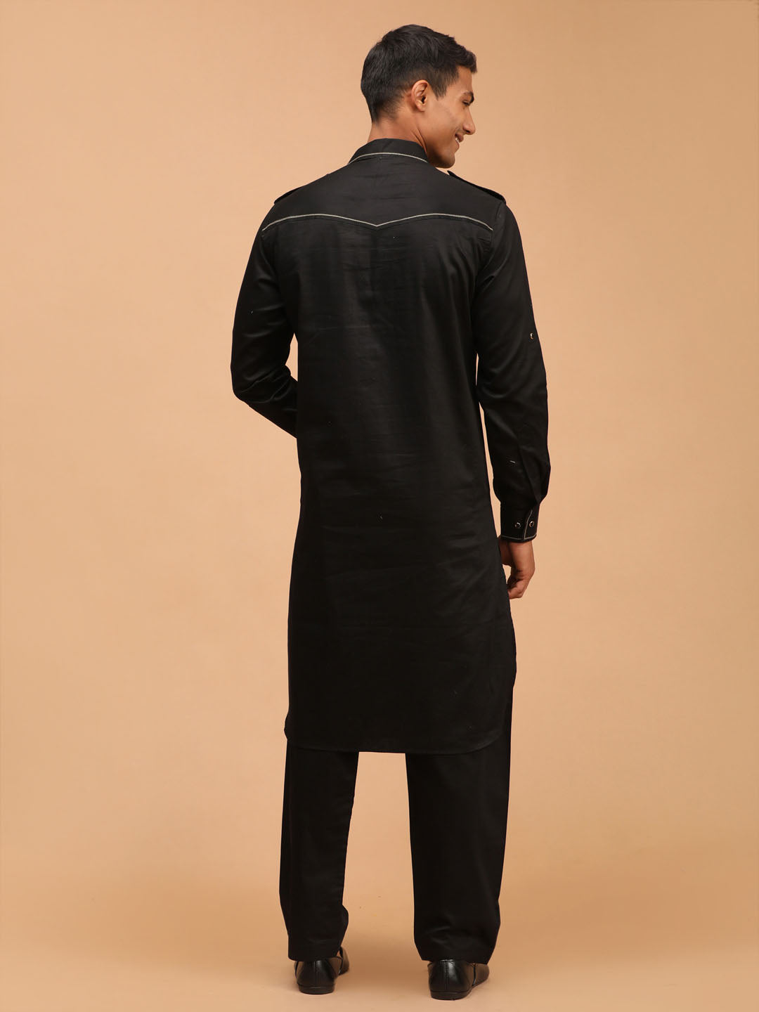 Men's Black Cotton Blend Pathani Pathani Kurta Set