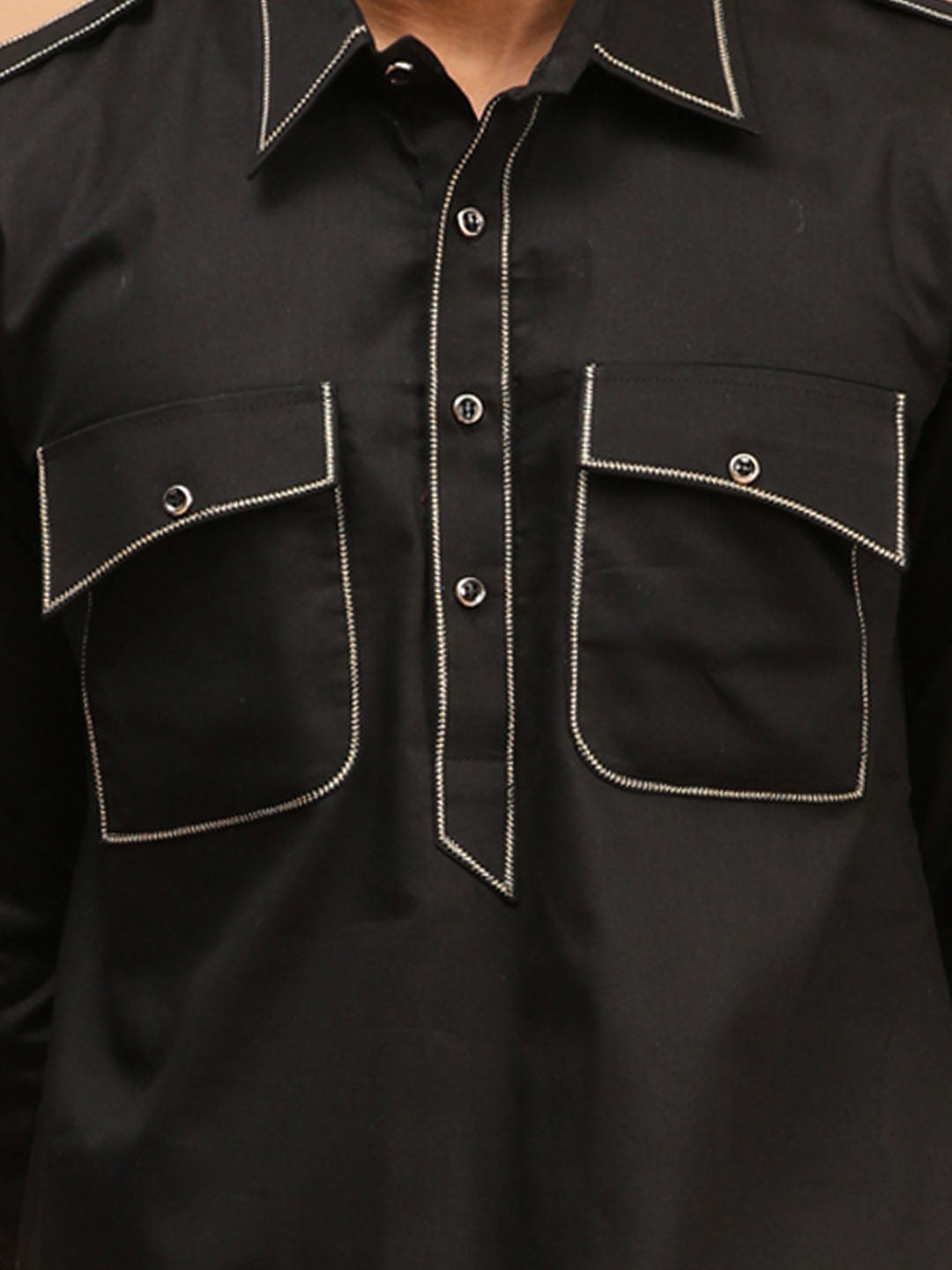 Men's Black Cotton Blend Pathani Pathani Kurta Set