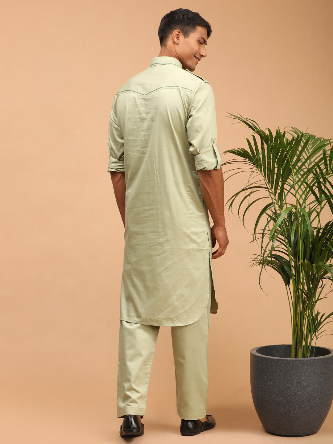 Men's Green Cotton Blend Pathani Pathani Kurta Set