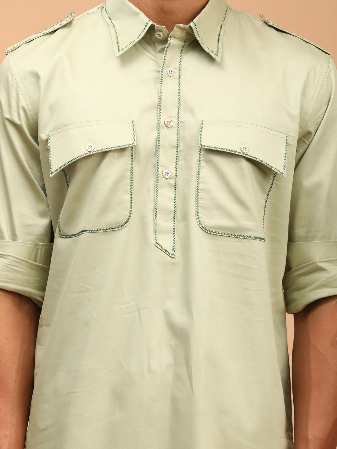 Men's Green Cotton Blend Pathani Pathani Kurta Set