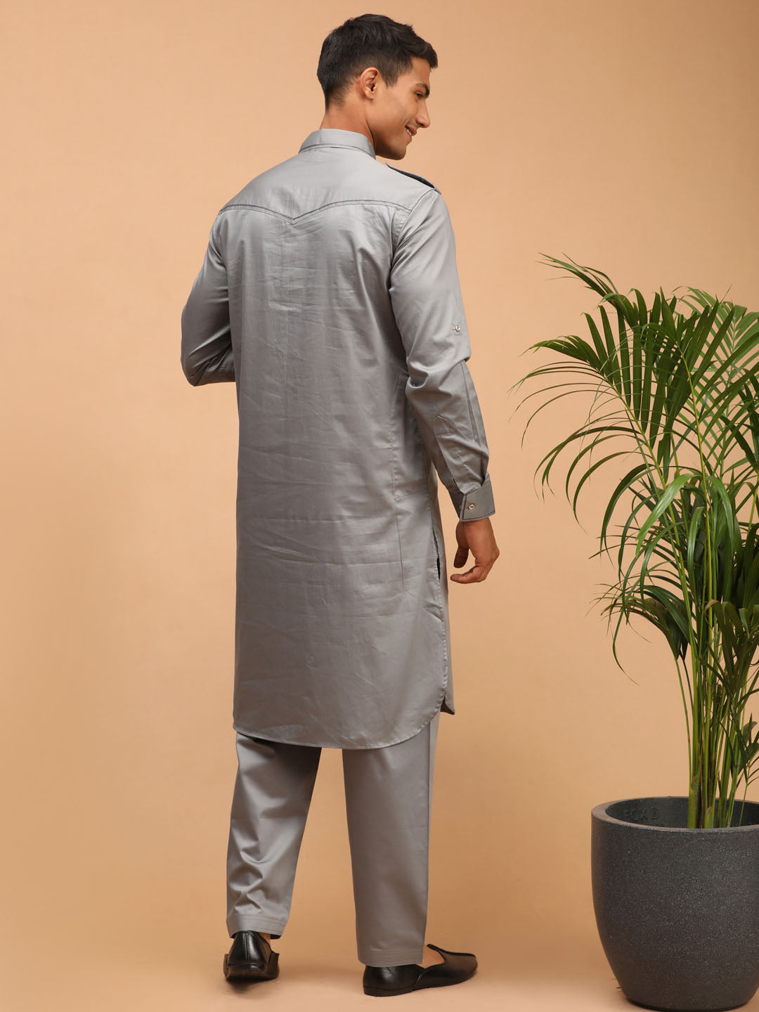 Men's Grey Cotton Blend Pathani Pathani Kurta Set
