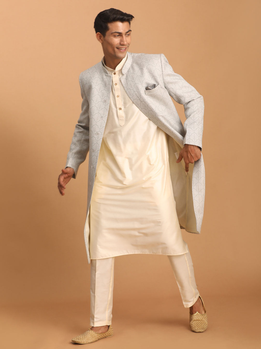 Men's Cream Cotton Blend Straight Sherwani Set