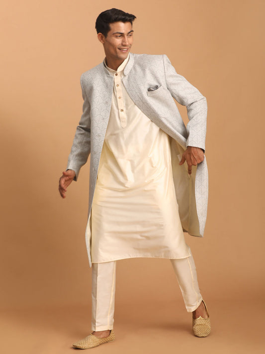 Men's Cream Cotton Blend Straight Sherwani Set